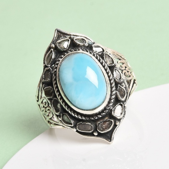7.25 ctw Larimar and Polki Diamond Ring size 10